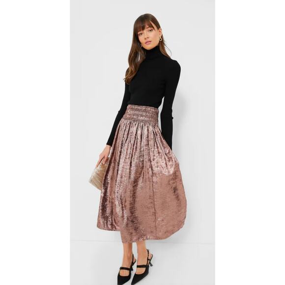 The Great Rose Gold Viola Skirt Metallic Midi Smocked Waist Size 2 (M)
